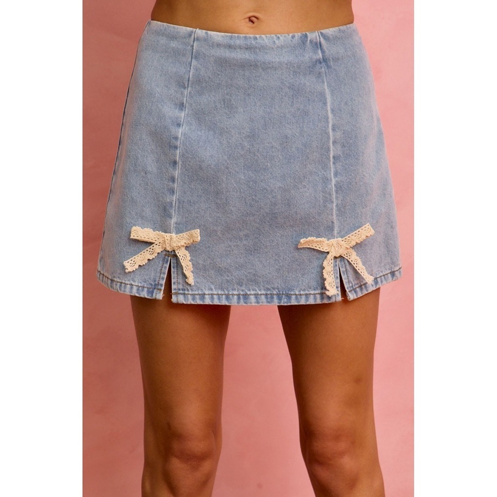SO ME Lace Ribbon Trim Denim Mini Skirt - XLarge